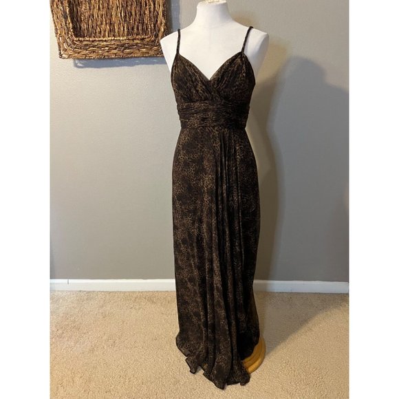 Teri Jon SIlk Maxi Dress 4 Small Black Brown Strappy Flowy Ruffle Y2K - Picture 7 of 13